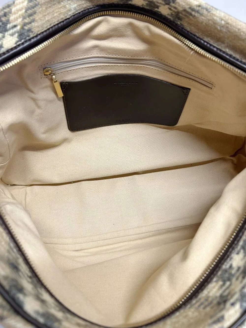 Burberry Beige and Black Plaid Tote with Dark Brown Leather Handles